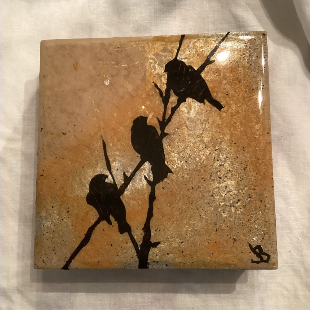 Handcrafted Tile with Bird Design Mounted on Wood